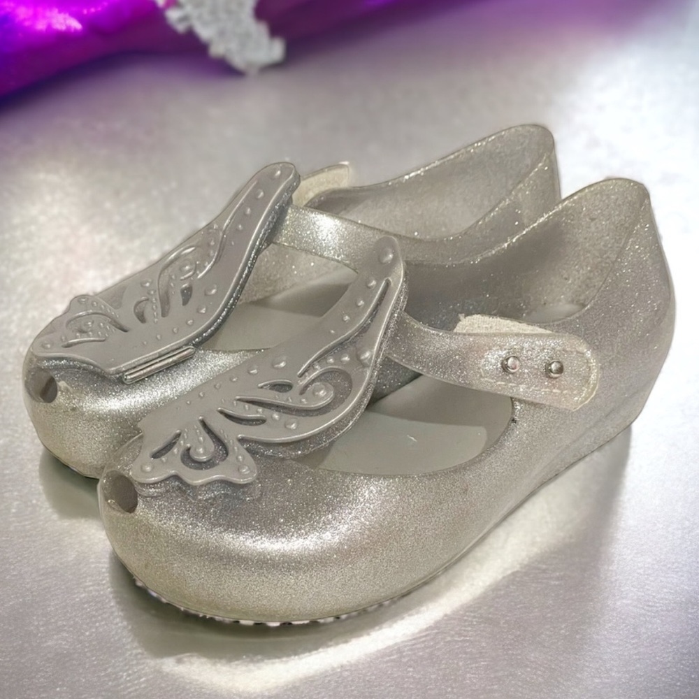 Mini Melissa‎ Size 10 Toddler Silver Ultra Girl Fly Glitter Butterfly Shoes